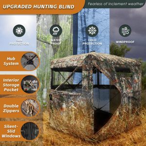 Hunting Blind with Floor Mat, 360 Degree See Through Ground Blind with Carrying Bag, 2/3/4 Person Pop Up Camouflage Tent Portable Concealed Shelter - Image 7